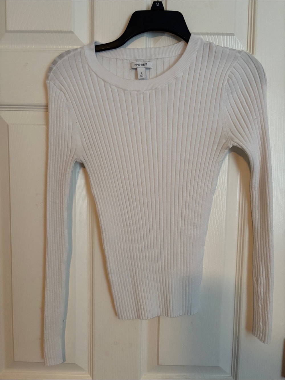 Nine West White Ribbed Crewneck Sweater